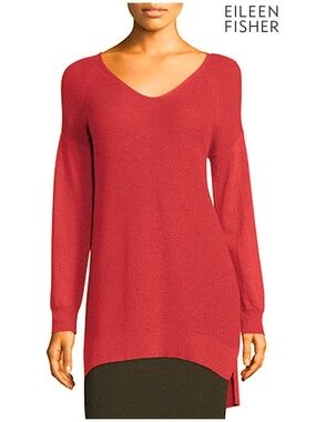 EILEEN FISHER WOMEN NWT ZINIA 100% WOOL V-NECK HOT RED TUNIC SWEATER. SIZE S